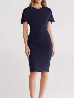 Calvin Klein NWT Size 6 Navy Blue Flutter Sleeve Sheath Midi Dress